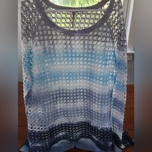 Sweater Open Knit Crochet Blue Ombré M Coastal Boho Festival Fashion Resortwear